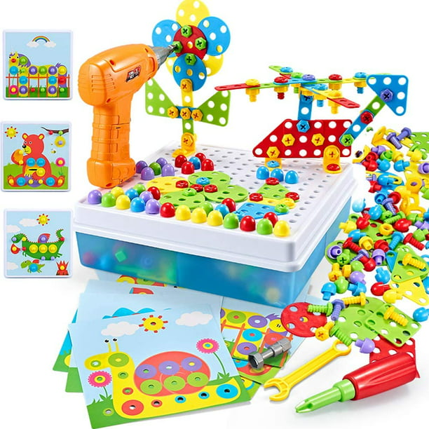 224 Pieces STEM Engineering Toys DIY Construction Building Blocks Pegboard for 4-8 Year Old Kids Creative Games for Preschool Boys & Girls Gift Electric Drill Puzzle Toys and Button Art Kit 